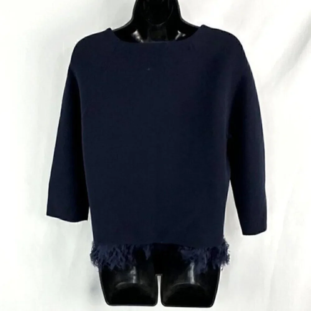J. Crew Silk Laser Cut Chiffon Fringe 3/4 Sleeve Sweater Top Navy Blue Small‎